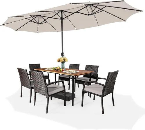 Vista 8 de Giantex Paraguas grande para exteriores de doble cara, 48 luces solares, panel solar de carga automática, sombrilla de patio extragrande con base