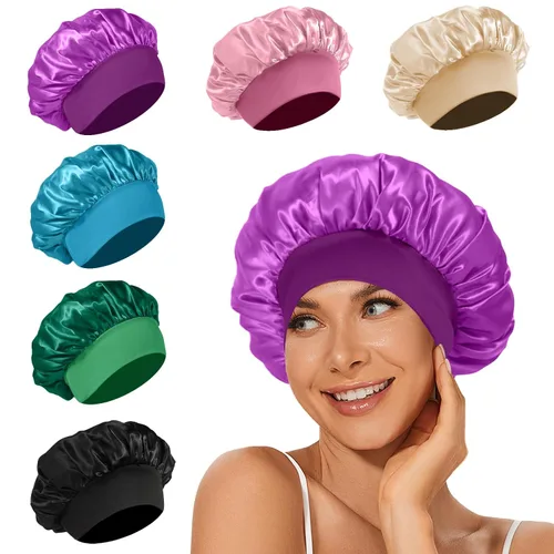 Vista 7 de 4 piezas de gorro de satén de seda, gorro de cabello para dormir, gorro de seda elástica de banda ancha para dormir, suave y transpirable Gorra