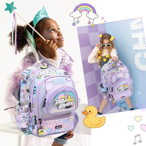 Vista 2 de Mochila de 16 pulgadas para niñas preescolar, jardín de infantes, escuela primaria, mochila escolar púrpura con múltiples bolsillos, ligera, Kawaii