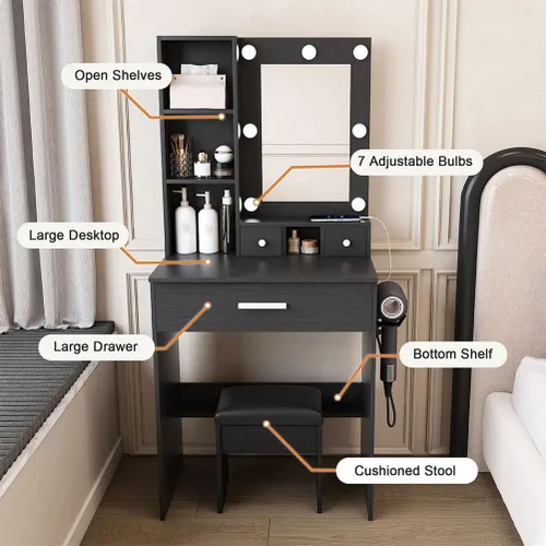 Vista 5 de Pequeño juego de tocador de maquillaje con espejo, tocador de maquillaje compacto con luces LED ajustables y toma de corriente, para dormitorios