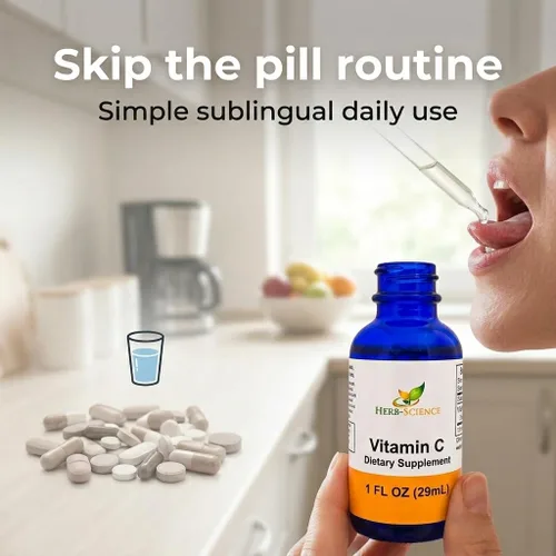 Vista 2 de Vitamina C líquida: ácido ascórbico prensado en frío, de alta absorción, vegano, sin alcohol, gotas de vitamina C sublinguales, sin sabores