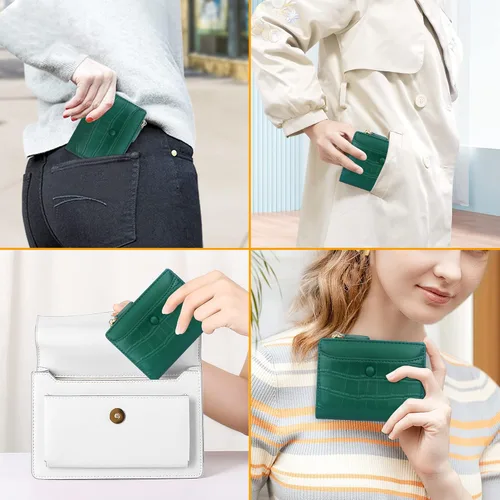 Vista 5 de Cartera pequeña para mujer, cartera compacta de cuero plegable para mujer con cremallera, Patrón de piedra, verde oscuro, Moda