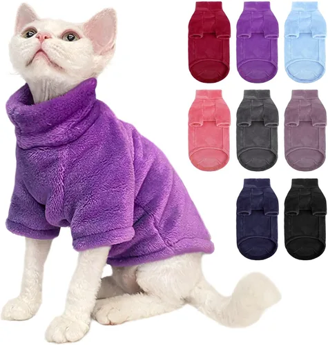 Vista 11 de Suéter Abrigo de Cuello de Tortuga para Gato, Ropa Sphynx Pijamas Solo para Gatos, Suéteres de Vellón Pullover para Gatitos con Mangas, Mono