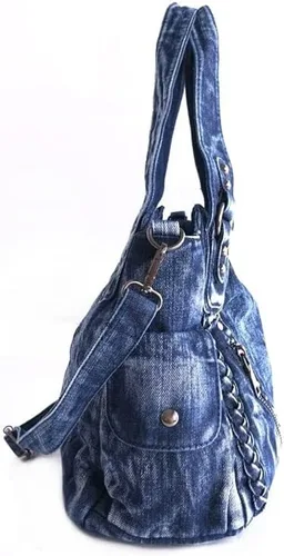Vista 3 de Bolso Hobo de mezclilla para mujer, bolsos de mezclilla, bolso de hombro, remache tejido vintage, bolso de mano casual, bolso cruzado, Azul