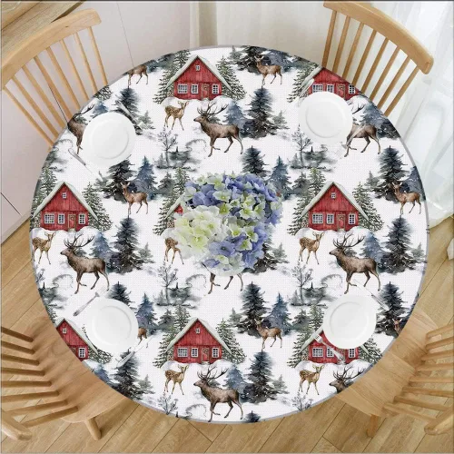 Vista 7 de Manteles para mesas redondas, mantel de Navidad impermeable y borrable con borde elástico, con copo de nieve rojo, rosa y verde, se adapta a mesa