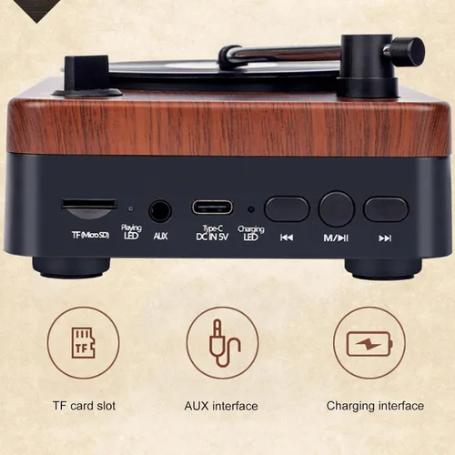 Vista 4 de Docooler Altavoz Bluetooth retro, reproductor de discos de vinilo, receptor Bluetooth integrado y altavoces estéreo, altavoces Bluetooth portátiles