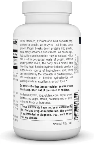 Vista 3 de Source Naturals - Betaína HCl Fuente de ácido clorhídrico 650 mg. - 180