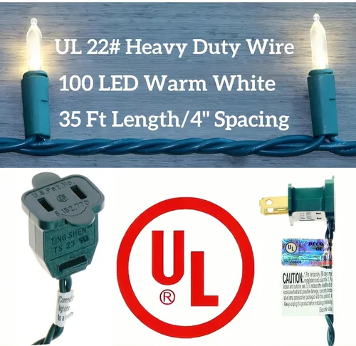 Vista 4 de Guirnalda de 100 Luces LED Blanco Cálido de Cable Verde para Navidad, con Certificación UL y Cadena de Iluminación Decorativa Comercial de 35 Pies