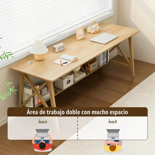 Vista 4 de NELYE Escritorio Extra Largo con Estantería - Mesa de Trabajo de Estudio de Oficina en Casa de Madera, Estación de Trabajo de Computadora de Roble