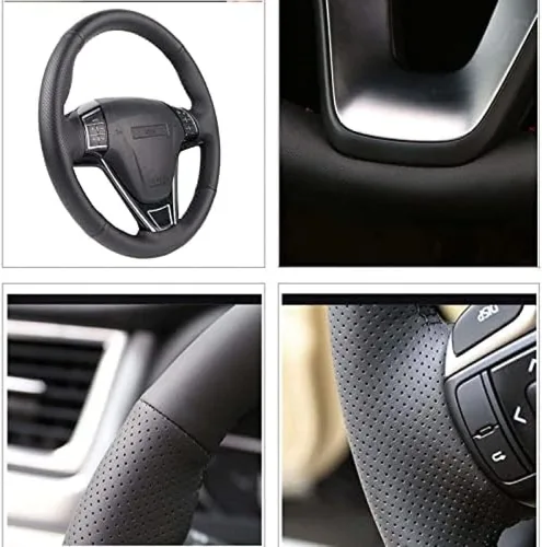 Vista 4 de Black Leather Car Steering Wheel Cover,for Kia K3 K2 Rio Ceed Cee'd Cerato,Hand-Stitched Car Steering Wheel Cover