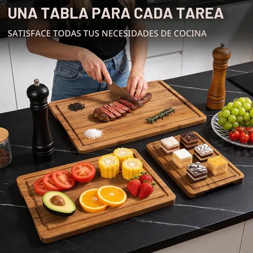 Vista 2 de Juego de 3 tablas de cortar de bambú no tóxicas para cocina con pies antideslizantes Safe Wood Cutting Boards Solid Wooden Chopping Board Butcher