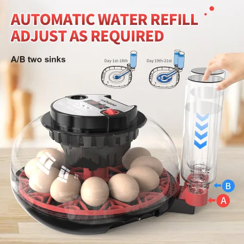 Vista 3 de HOWOOIUA 12 Incubadora para incubar huevos, pantalla de temperatura y humedad, vista de 360 ° para añadir agua automáticamente, incubadoras de velas