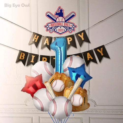 Vista 4 de Decoraciones de fiesta de cumpleaños de béisbol para el primer cumpleaños, suministros para fiesta de primer cumpleaños, guantes redondos con tema