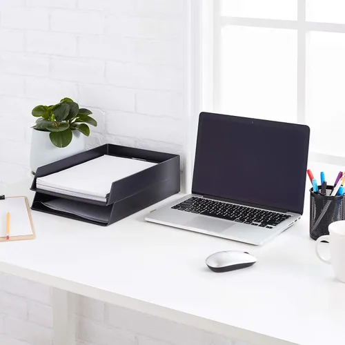 Vista 5 de Amazon Basics Organizador de escritorio rectangular de plástico, bandeja tamaño carta, paquete de 2, 9.7 x 2.2 x 13 pulgadas, negro