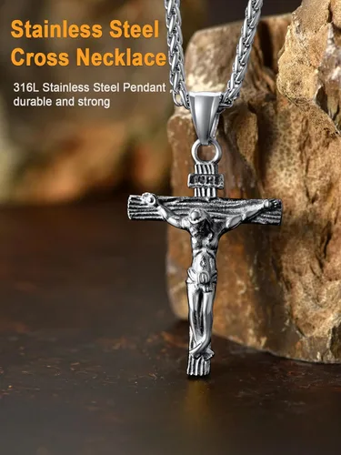 Vista 3 de U7 Colgante de cruz de crucifijo para hombre con cadena de bautismo, joyería cristiana, acero inoxidable, oro de 18 quilates, collar antiguo