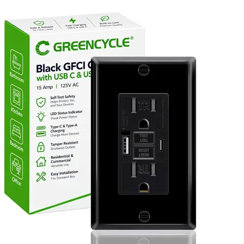 Vista 79 de Greencycle Toma GFCI de 15 amperios con puertos USB C y USB A, 1 unidad de toma eléctrica GFCI de prueba automática con USB, con indicador LED