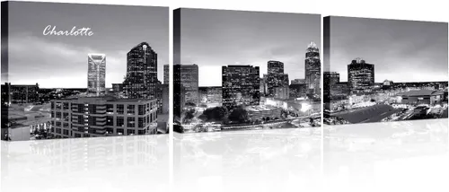 Vista 63 de TUMOVO 3 piezas de arte de pared en lienzo con diseño de horizonte de Atlanta, arte de pared panorámico de paisaje urbano en blanco y negro
