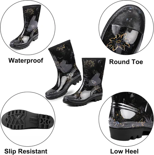 Vista 62 de DKSUKO Waterproof Womens Rain Boots insulated,Lightweight Rubber fashion Boots in Gardening,Warm and Comfortable Wide Calf Rain Boots with Glossy in