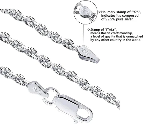 Vista 2 de Savlano Collar de plata de ley 925 de 0.157 in con cuerda italiana maciza de corte de diamante, con caja de regalo para hombres y mujeres, fabricado