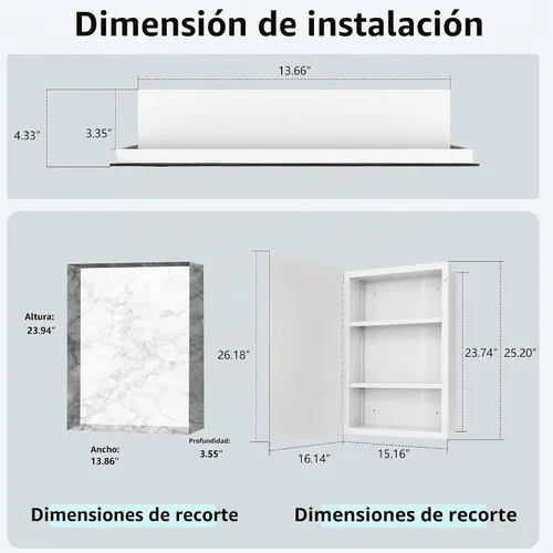 Vista 3 de Botiquín de baño de 16 x 26 pulgadas con espejo, espejo biselado rectangular sin marco, instalación de empotrar o montaje en superficie