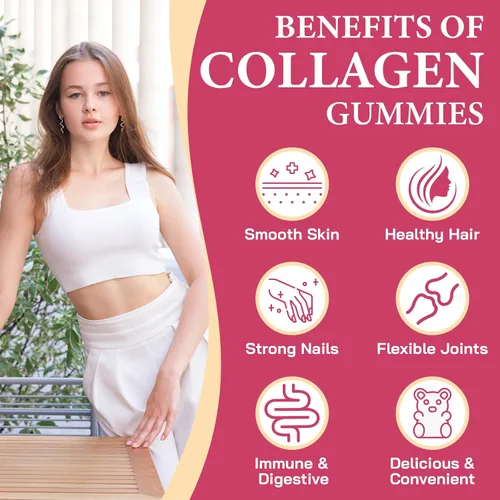 Vista 3 de Gomitas de Colágeno para Mujer, Péptidos de Colágeno Hidrolizado Tipo I, II, III, V, X, 0 Azúcar, Gomitas de Colágeno para la Piel, Arrugas