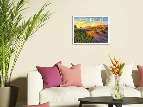 Vista 3 de Paso Robles - Geneseo District - Central Coast AVA Vineyards - Arte de California Wine Country por Kerne Erickson - Cartel de metal vintage de 8 x