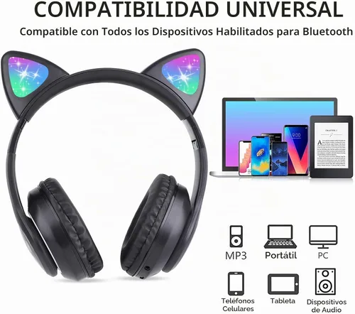 Vista 6 de TCJJ Cat Ear Kids Bluetooth Headphones, LED, 85dB Volume Limit Negro