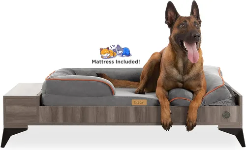 Vista 10 de Cama de madera para perros con colchón, elevada de pequeña a media, resistente al agua, cama para mascotas de madera con almacenamiento, certificado