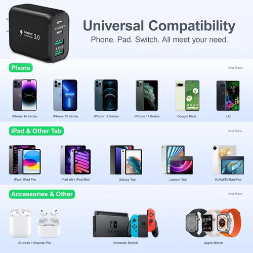 Vista 7 de Bloque de cargador USB, 40 W, 4 puertos, doble QC+PD3.0, bloque de carga rápida, adaptador de corriente USB C, enchufe de pared para iPhone