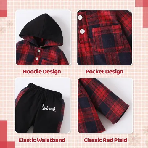 Vista 4 de Ropa para bebés pequeños, trajes de otoño e invierno, conjuntos de franela de celosía con botones de manga larga con capucha y pantalones