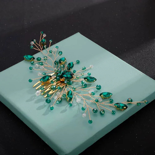 Vista 5 de Aimimier Peine para el cabello de cristal verde nupcial, con diamantes de imitación esmeralda, vid de graduación, fiesta, festival, boda, accesorios