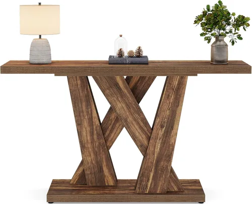 Vista 9 de Tribesigns Mesa de consola de 55 pulgadas estilo granja, mesa detrás del sofá con soporte para TV de base geométrica, mesa de sofá delgada