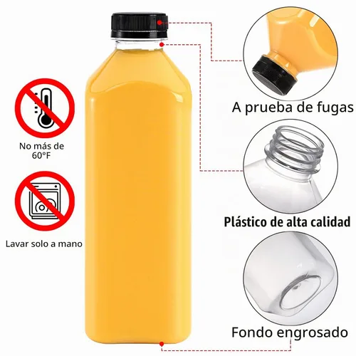 Vista 2 de Cedilis Paquete de 10 botellas de plástico para jugo de 33 onzas con tapa negra, recipientes transparentes reutilizables con tapas, grandes botellas