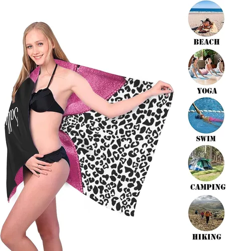 Vista 5 de XOZOTY Toalla de playa personalizada con estampado de leopardo rosa oscuro con nombre para niños, mujeres y hombres, toalla de baño para viajes