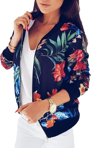 Vista 2 de Chaqueta de béisbol con cremallera floral de manga larga para mujer cortavientos hoja impresa otoño primavera trajes bombardero chaqueta