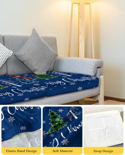 Vista 4 de Navy Blue Christmas Couch Cushion Covers, Stretch Sofa Cover with Elastic Bottom, Xmas Tree Winter Snowflake Sofa Slipcovers Protector Washable