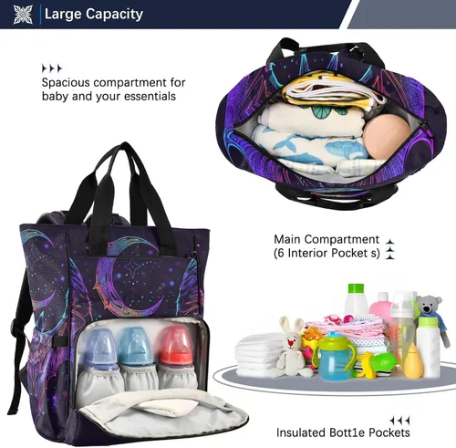 Vista 5 de senya Mochila para pañales, bolsa de viaje multifunción con diseño de murciélago de neón para mamás y papás, Murciélago 1, Compacto