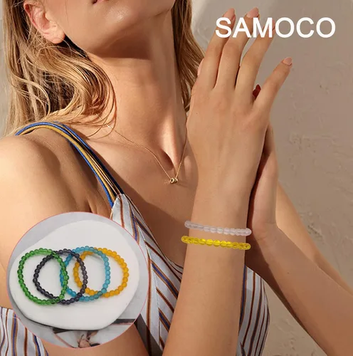 Vista 2 de SAMOCO 18 pulseras elásticas de cuentas de 0.236in hechas a mano redondas de cristal para mujer, multicolor mate, pulsera elástica