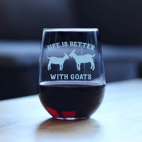 Vista 3 de Custom Life Is Better With Goats - Personalized Stemless Wine Glass - Funny Farm Animal Themed Decor and Gifts - Large 17 Ounce - Customized Wine