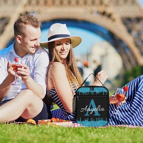 Vista 6 de Bolsa de almuerzo con nombre personalizado para hombres y mujeres, con monograma de purpurina azul, hielera, portátil, con nombre, para niñas