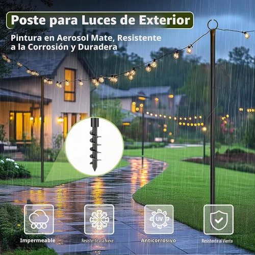 Vista 6 de Paquete de 2 postes de luz de cadena para exteriores, postes de luz de cadena de 10.5 pies para luces de cadena de luces, postes de luz de patio