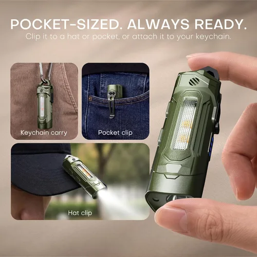 Vista 6 de Linterna recargable EDC llavero, pequeña linterna de bolsillo con luz UV Verde