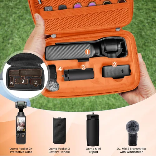 Vista 4 de Estuche para el combo de videocámara DJI OSMO Pocket 3, bolsa de almacenamiento dura EVA con 1 correa ajustable y 2 protectores de pantalla y 1 mini