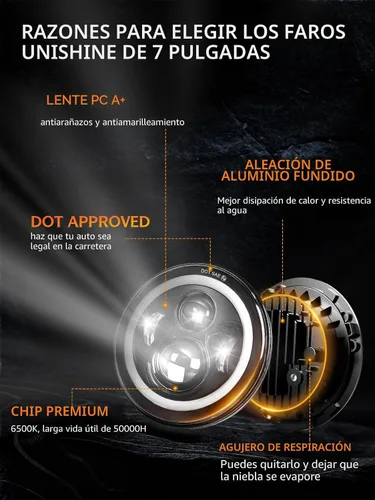 Vista 5 de UNI-SHINE J003T - Par de faros delanteros led de 7 pulgadas, color ámbar y blanco, ojos de ángel, homologado por DOT y E-Mark, haz de luz alta
