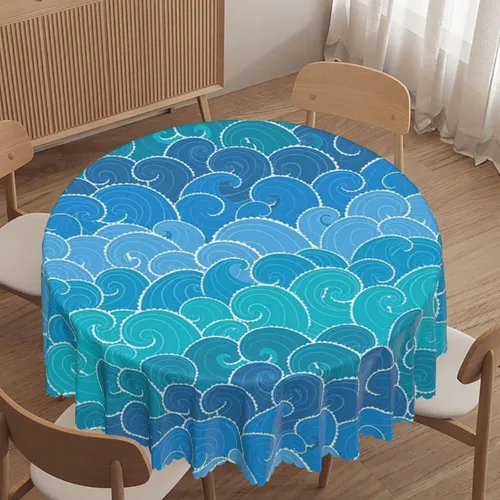 Vista 11 de Mantel redondo con patrón náutico, tela impermeable, reutilizable, lavable, a prueba de derrames, resistente a las arrugas, para cocina, boda