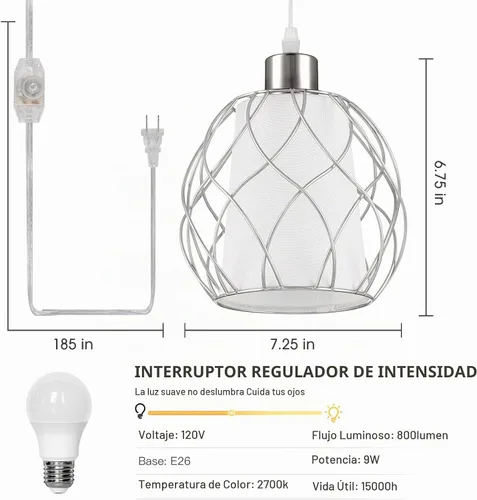 Vista 6 de Ruzectt Lámpara colgante enchufable, luz colgante con cable enchufable, lámpara colgante plateada con interruptor regulable, cable transparente