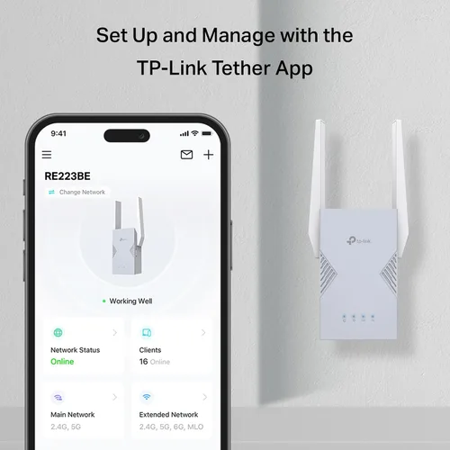 Vista 5 de TP-Link BE3200 Wi-Fi 7 Extensor de alcance RE223BE con puerto Ethernet Repetidor inalámbrico de doble banda de 3.2 Gbps Amplificador de señal