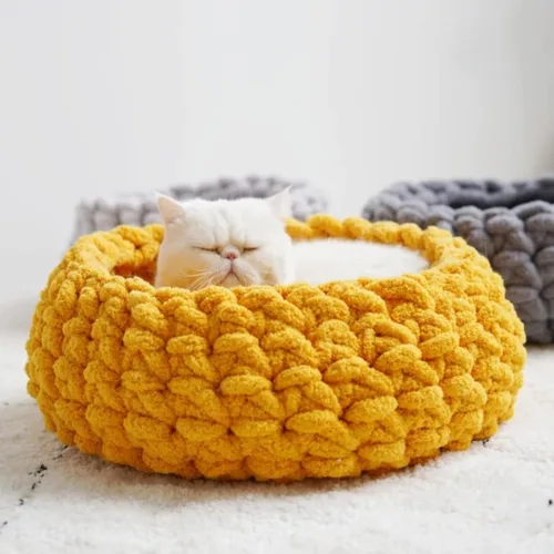 Vista 7 de Cama nido para gatos, tejida a mano, lavable, redonda, gatito cueva (blanco nube, L)