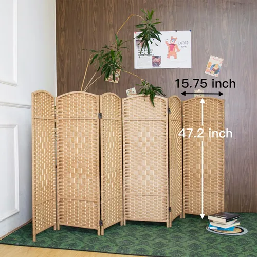 Vista 5 de Divisor de habitación corto de 6 paneles, pared de división independiente de 3.9 pies, pantalla plegable de ratán marrón claro de doble cara