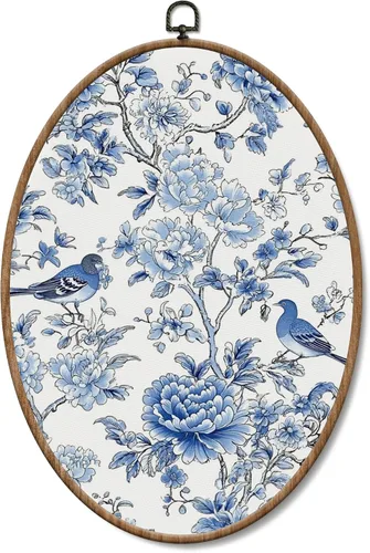 Vista 26 de Yorhifa Grandmillennial - Arte de pared enmarcado con lazo rosa coqueta, arte de pared redondo de chinoiserie azul y blanco, decoración de paredes